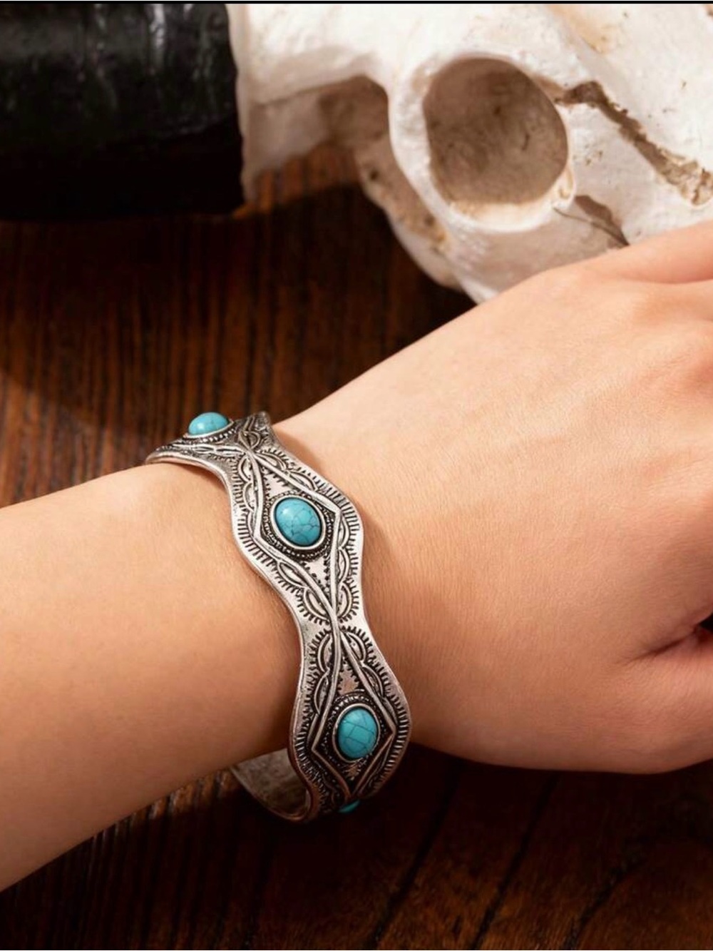 Western Bracelet Turquoise Stone Engraved Silver Cuff Bracelet